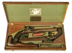 Pair of Flintlock Dueling Pistols with Case and Accessories, c.1780-1800